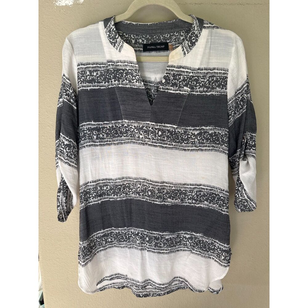 Ivanka Trump Black White Boho Tunic Blouse Roll Tab Sleeve M
